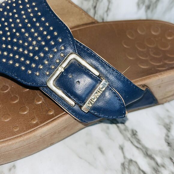 Vionic Flip Flop Capitola Thong Wedge Sandals Buckle Studded Navy Women 9 Summer - Picture 9 of 9
